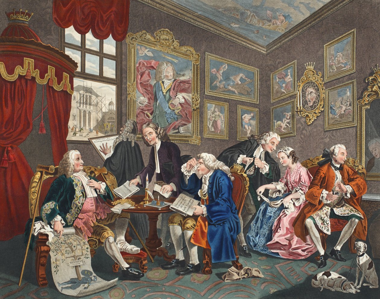 Casamento a la Mode, Placa I, o assentamento de casamento, ilustração de &39;Hogarth restaurado: as obras inteiras do célebre William Hogarth, re-gravado por Thomas Cook&39;, pub. 1812 (engr colorido à mão de William Hogarth