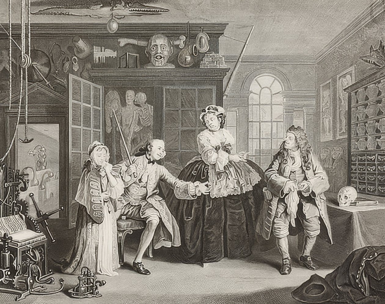 Casamento à moda. Folha 3: A inspeção - Der Graf und der Quacksalber. 1745 de William Hogarth