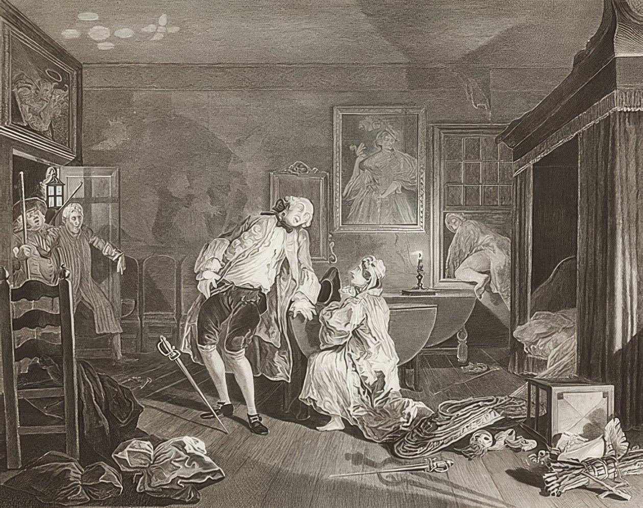 Casamento à moda. Folha 5: O Bagnio - The Count cai em um duelo. 1745 de William Hogarth