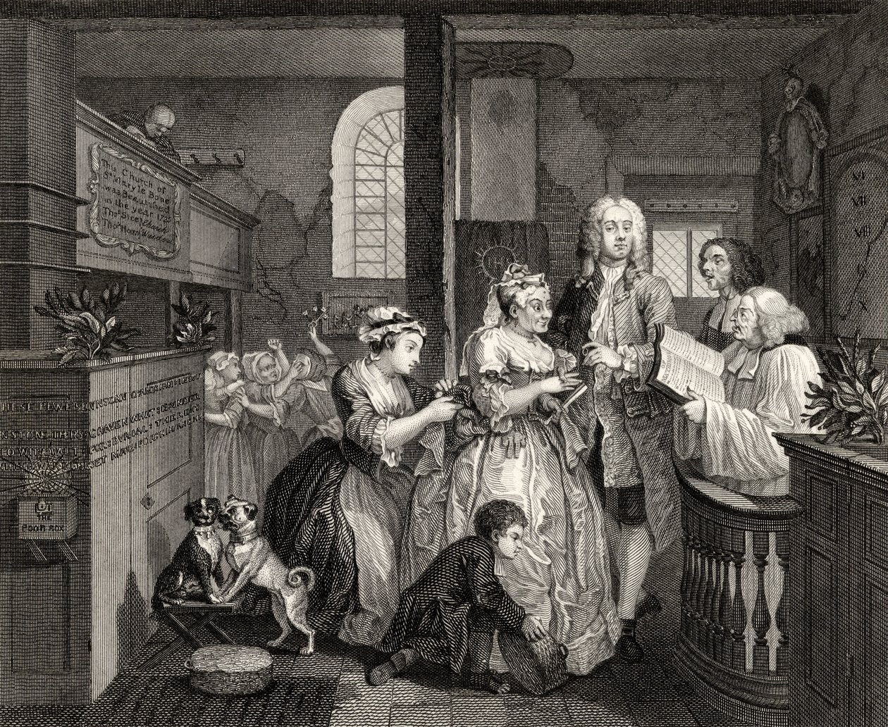 Casado com uma velha empregada doméstica, placa V de &39;A Rake&39;s Progress&39;, de &39;The Works of William Hogarth&39;, publicado em 1833 de William Hogarth