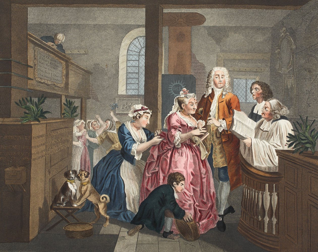 Casado com uma velha empregada doméstica, placa V de &39;A Rake&39;s Progress&39;, ilustração de &39;Hogarth restaurado: as obras inteiras do célebre William Hogarth, re-gravado por Thomas Cook&39;, pub. 1812 (colorido à mão de William Hogarth