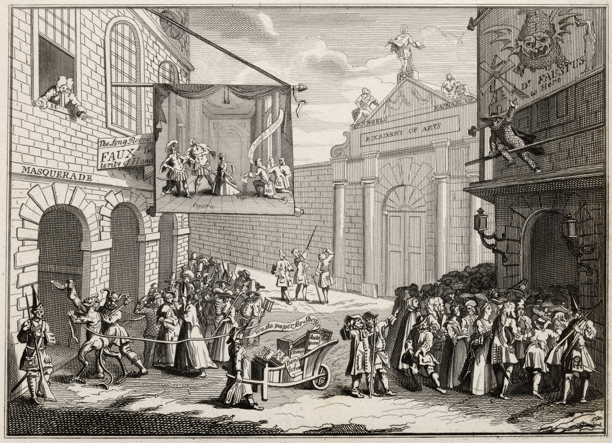 Masquerades e óperas, Burlington Gate, de "The Works of Hogarth", publicado em 1833 de William Hogarth