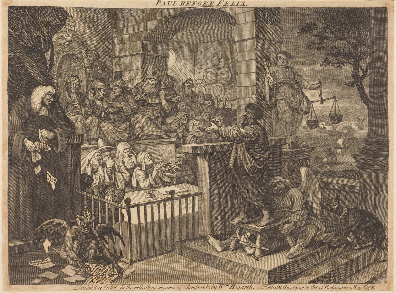 Paulo perante Félix, em versão burlesca de William Hogarth