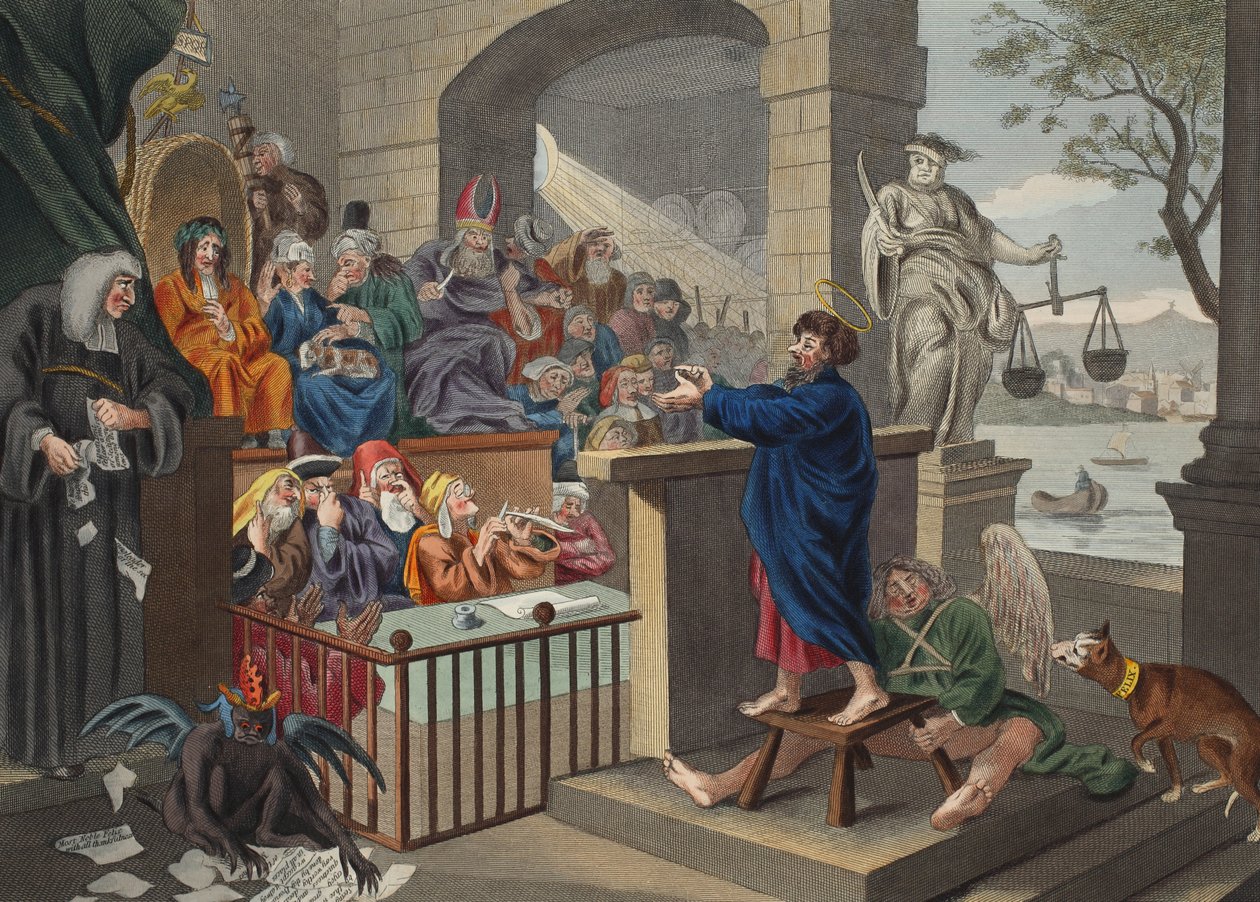 Paul antes de Felix, ilustração de &39;Hogarth restaurado: as obras inteiras do célebre William Hogarth, re-gravado por Thomas Cook&39;, pub. 1812 (gravura colorida à mão) de William Hogarth