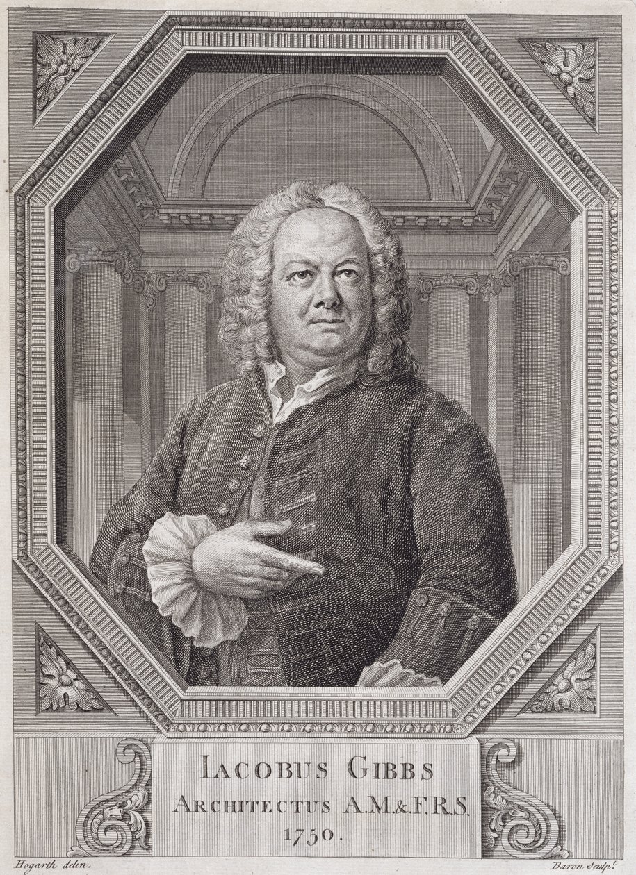 Retrato de James Gibbs (1682-1754), de &39;Plans, Secções e Elevações da Biblioteca Radcliffe&39;, gravado por Bernard Baron (1696-c.1766) 1750 de William Hogarth