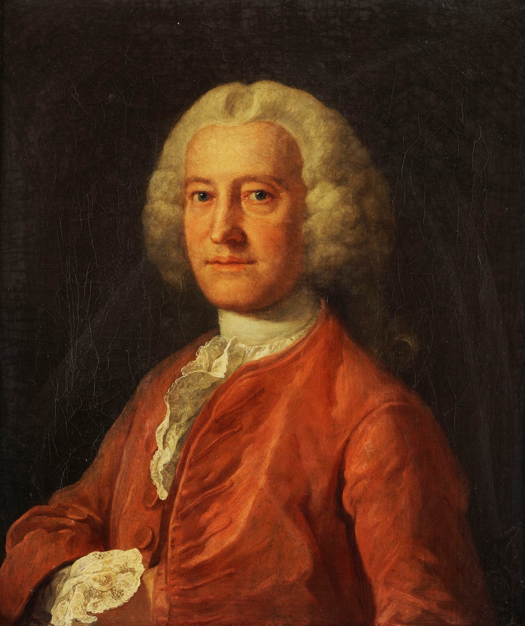 Retrato de Samuel Martin, comprimento do busto, em um casaco rosa, estoque branco e camisa branca com arestas, com a mão direita enfiada no paletó, c.1763 de William Hogarth