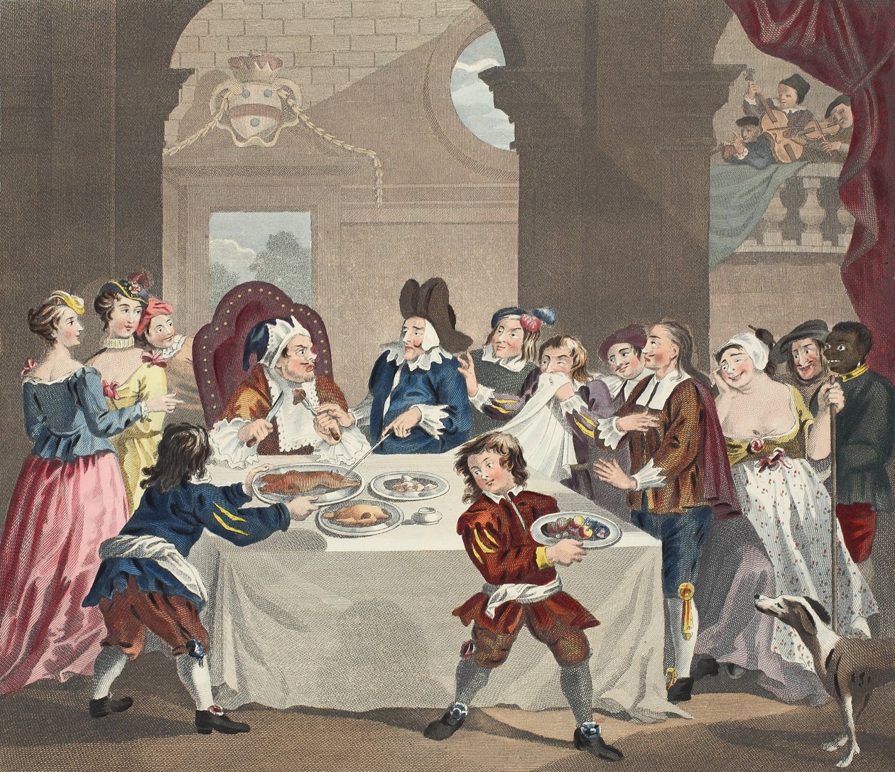 Sancho na festa Faminta por seu médico, ilustração de &39;Hogarth restaurado: as obras inteiras do célebre William Hogarth, re-gravado por Thomas Cook&39;, pub. 1812 (gravura colorida à mão) de William Hogarth