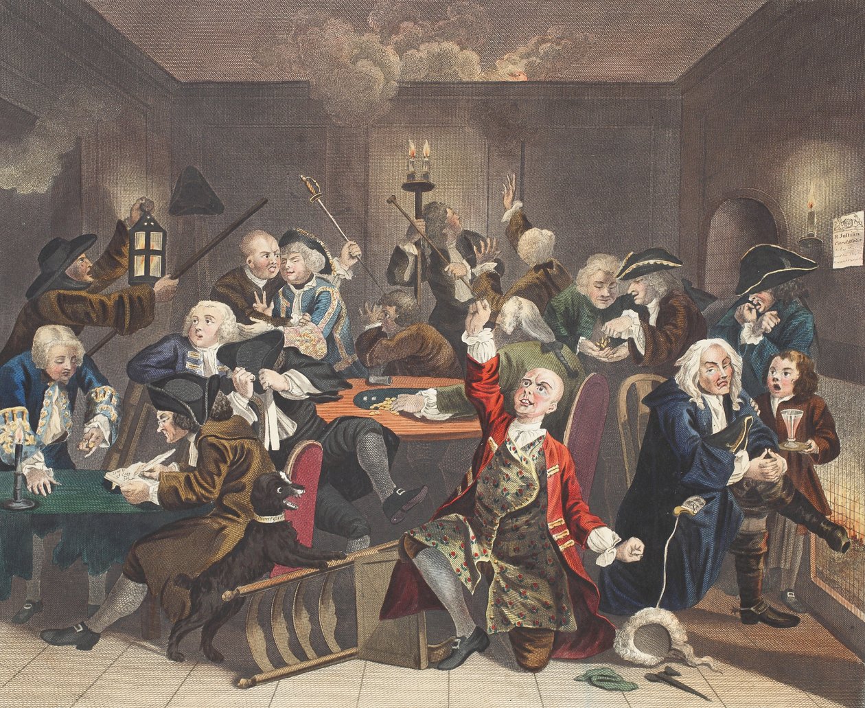 Cena em uma casa do jogo, placa VI do progresso de um ancinho, ilustração de &39;Hogarth restaurado: O trabalho inteiro do William Hogarth comemorado, re-gravado por Thomas Cook&39;, bar. 1812 (colorido à mão de William Hogarth