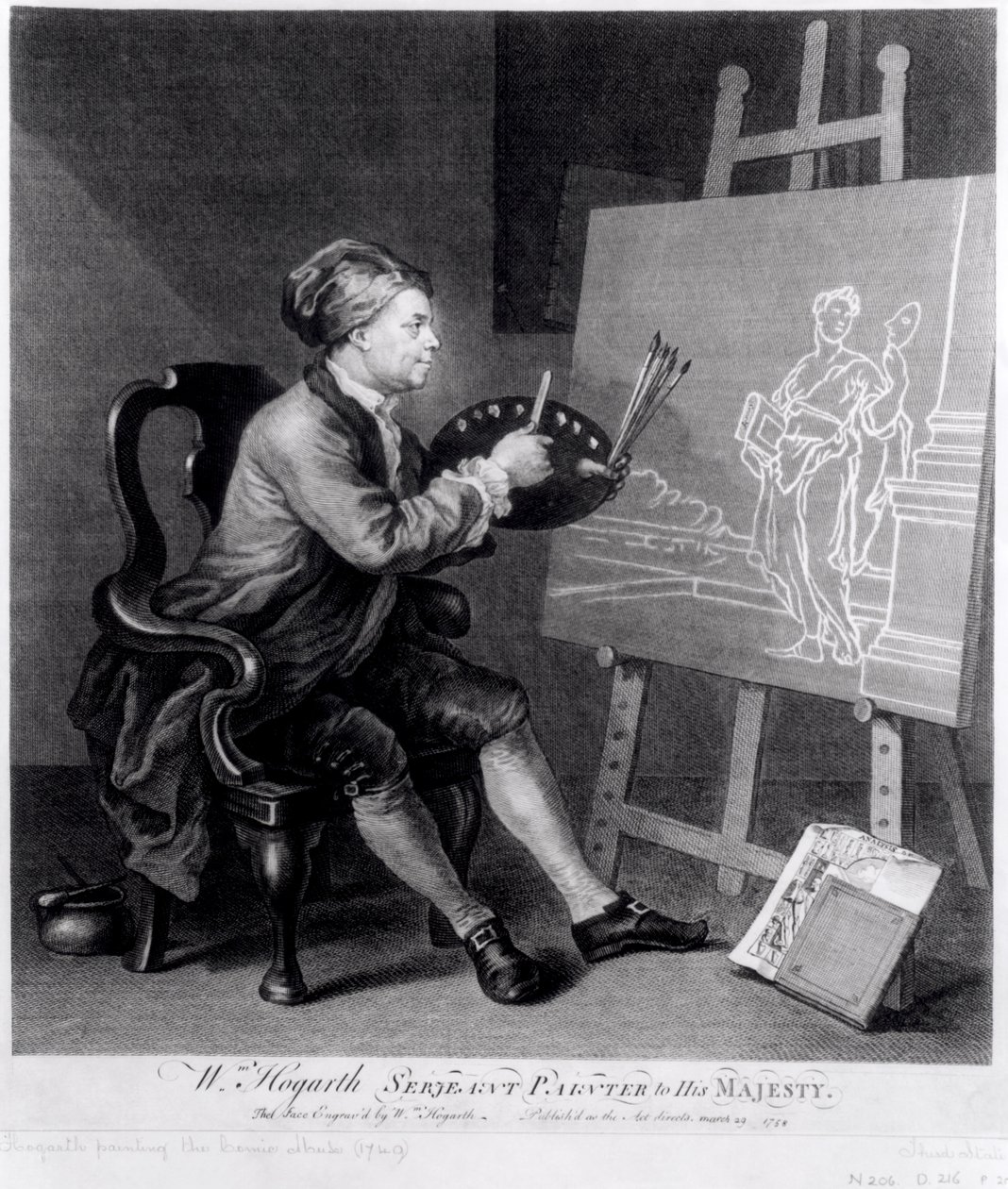 Auto-retrato Pintando a musa em quadrinhos, gravada pelo artista, pub. 1758 de William Hogarth