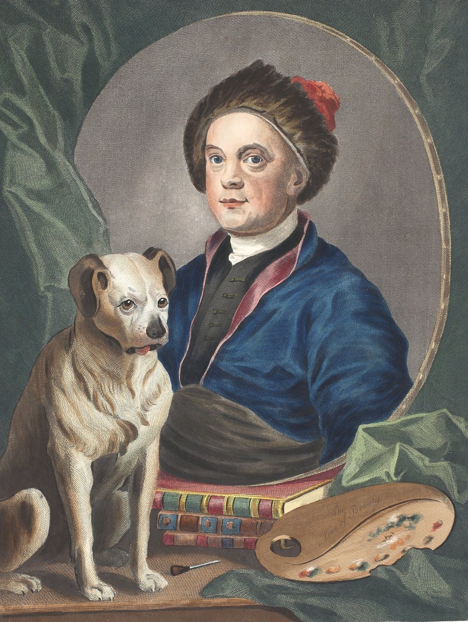 Auto-retrato, ilustração de &39;Hogarth restaurado: todo obras do célebre William Hogarth, re-gravado por Thomas Cook&39;, pub. 1812 (gravura colorida à mão) de William Hogarth