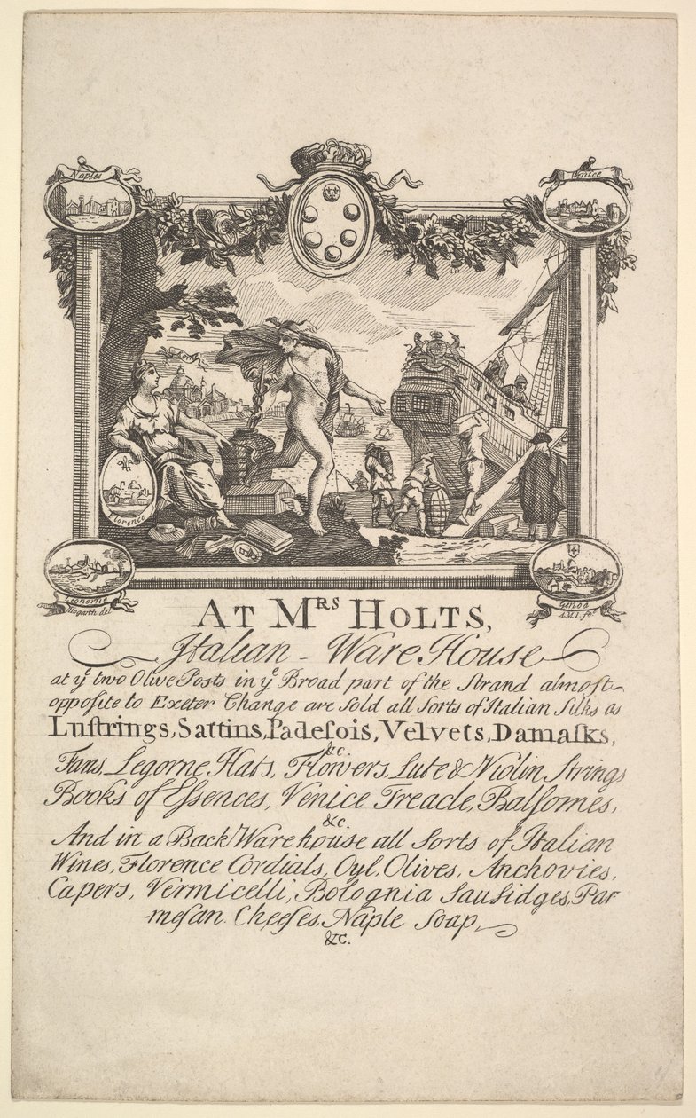 Cartão da loja para a Sra. Holts Italian Warehouse, 1720-72. de William Hogarth