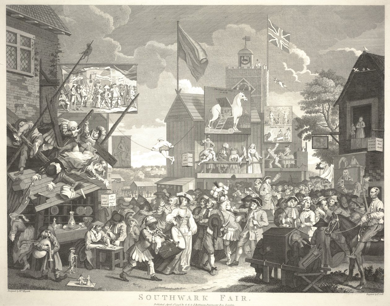 Feira de Southwark, gravada por Thomas Cook (1744-1818) de William Hogarth