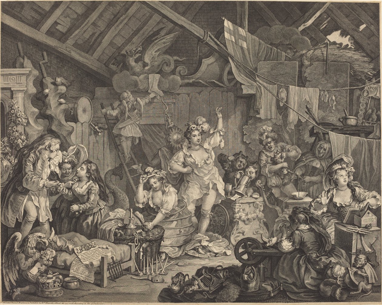 Atrizes passeando se vestindo em um celeiro de William Hogarth