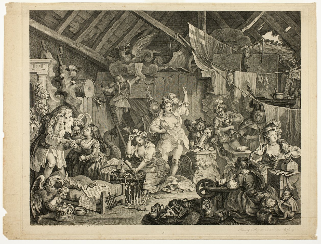 Atrizes passeando se vestindo em um celeiro de William Hogarth