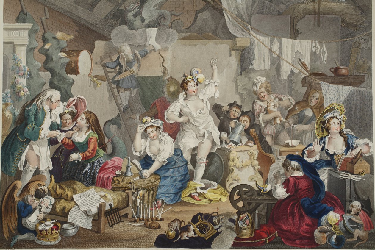 Atrizes passeando que se veste em um celeiro, ilustração de &39;Hogarth restaurado: As obras inteiras do celebrado William Hogarth, re-gravado por Thomas Cook&39;, bar. 1812 (gravura colorida à mão) de William Hogarth