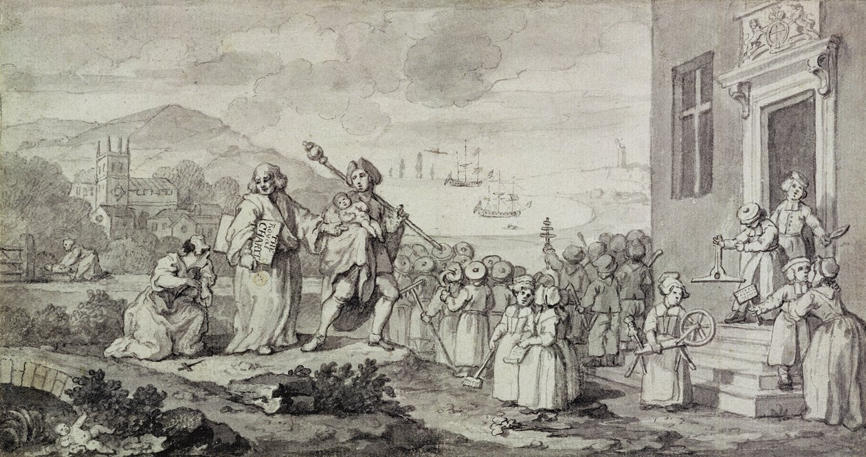 Estudo para os enjeitados (caneta, tinta e lavagem no papel) de William Hogarth