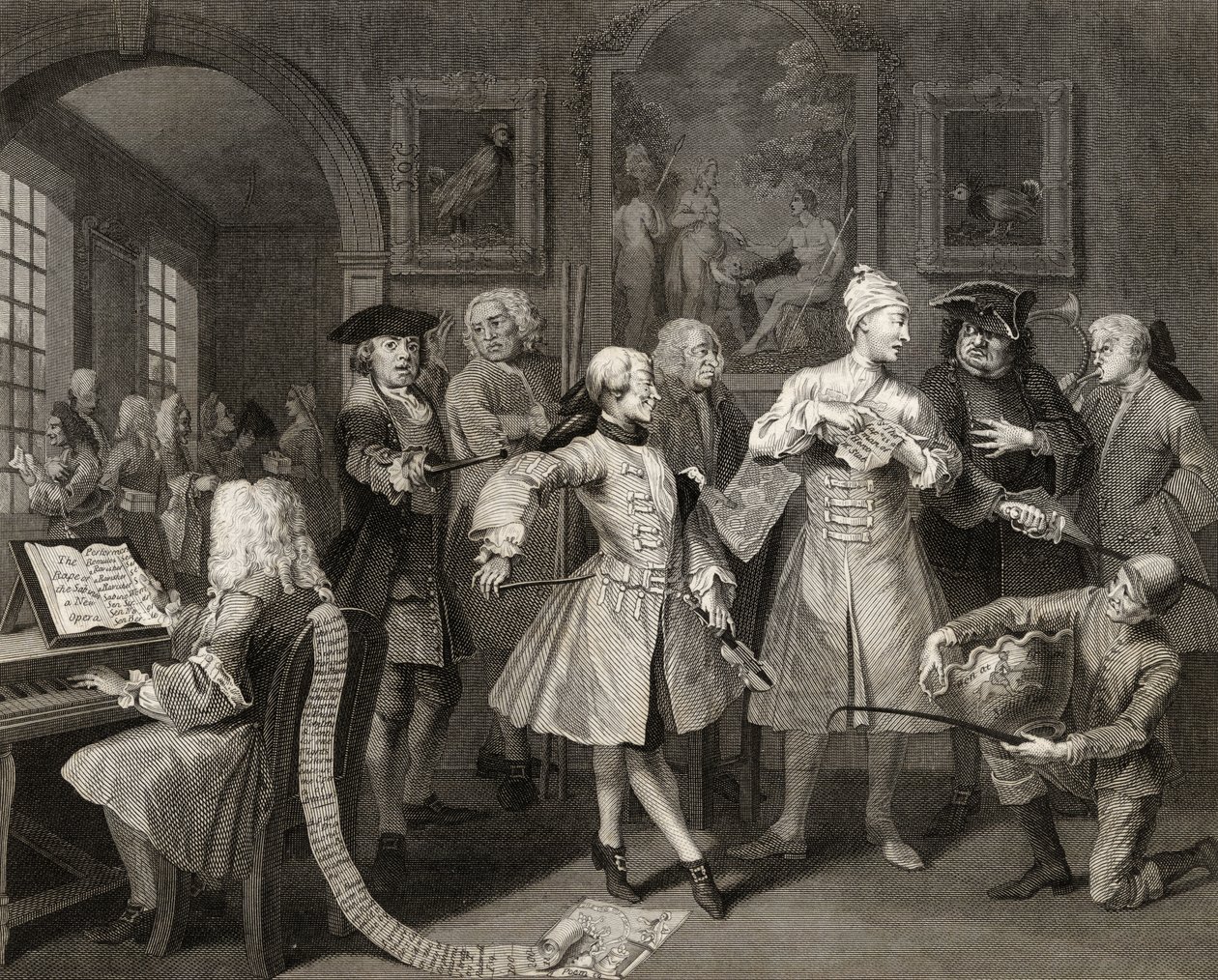 Cercado por artistas e professores, prato II de &39;A Rake&39;s Progress&39;, de &39;The Works of William Hogarth&39;, publicado em 1833 de William Hogarth