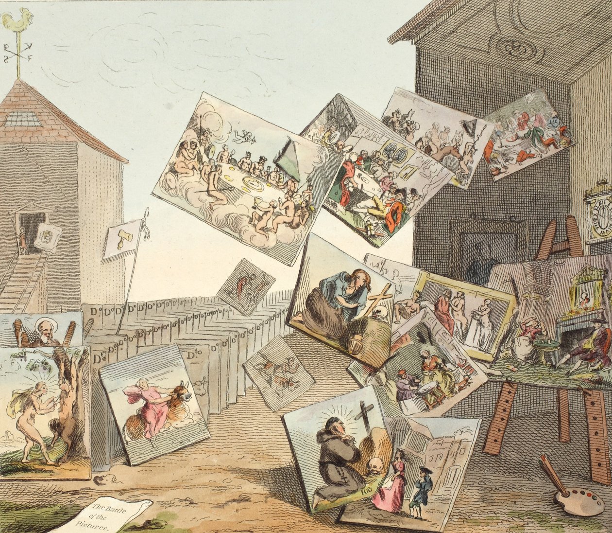A batalha das imagens, ilustração de &39;Hogarth restaurado: as obras inteiras do célebre William Hogarth, re-gravado por Thomas Cook&39;, pub. 1812 (gravura colorida à mão) de William Hogarth