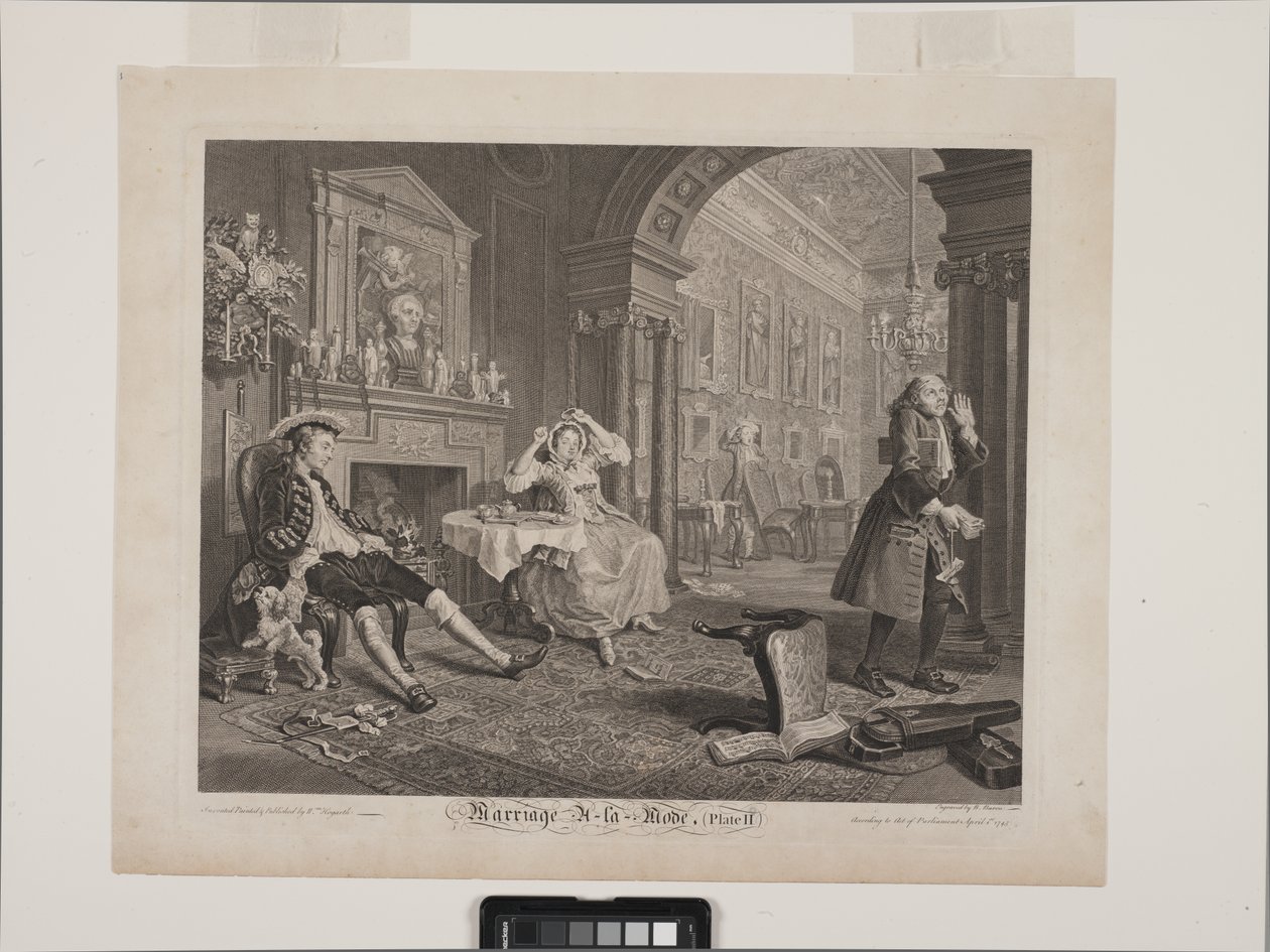 A Cena do Pequeno Almoço: Casamento À La Mode, Placa 2 (Ecthing e gravura) de William Hogarth