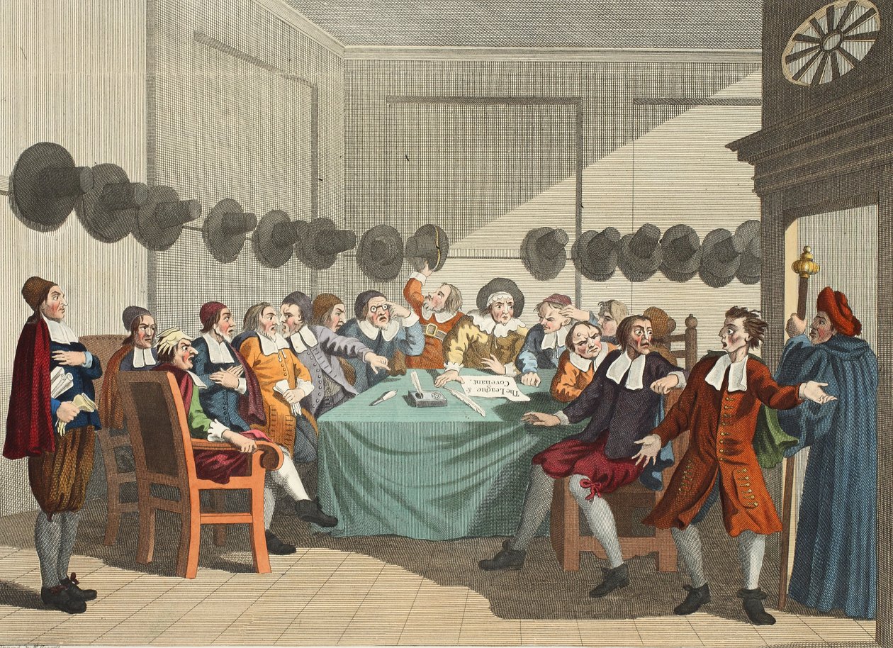 O comitê, de &39;Hudibras&39; por Samuel Butler (1612-1680), ilustração de &39;Hogarth restaurado: as obras inteiras do célebre William Hogarth, re-gravado por Thomas Cook&39;, pub. 1812 (colorido à mão de William Hogarth