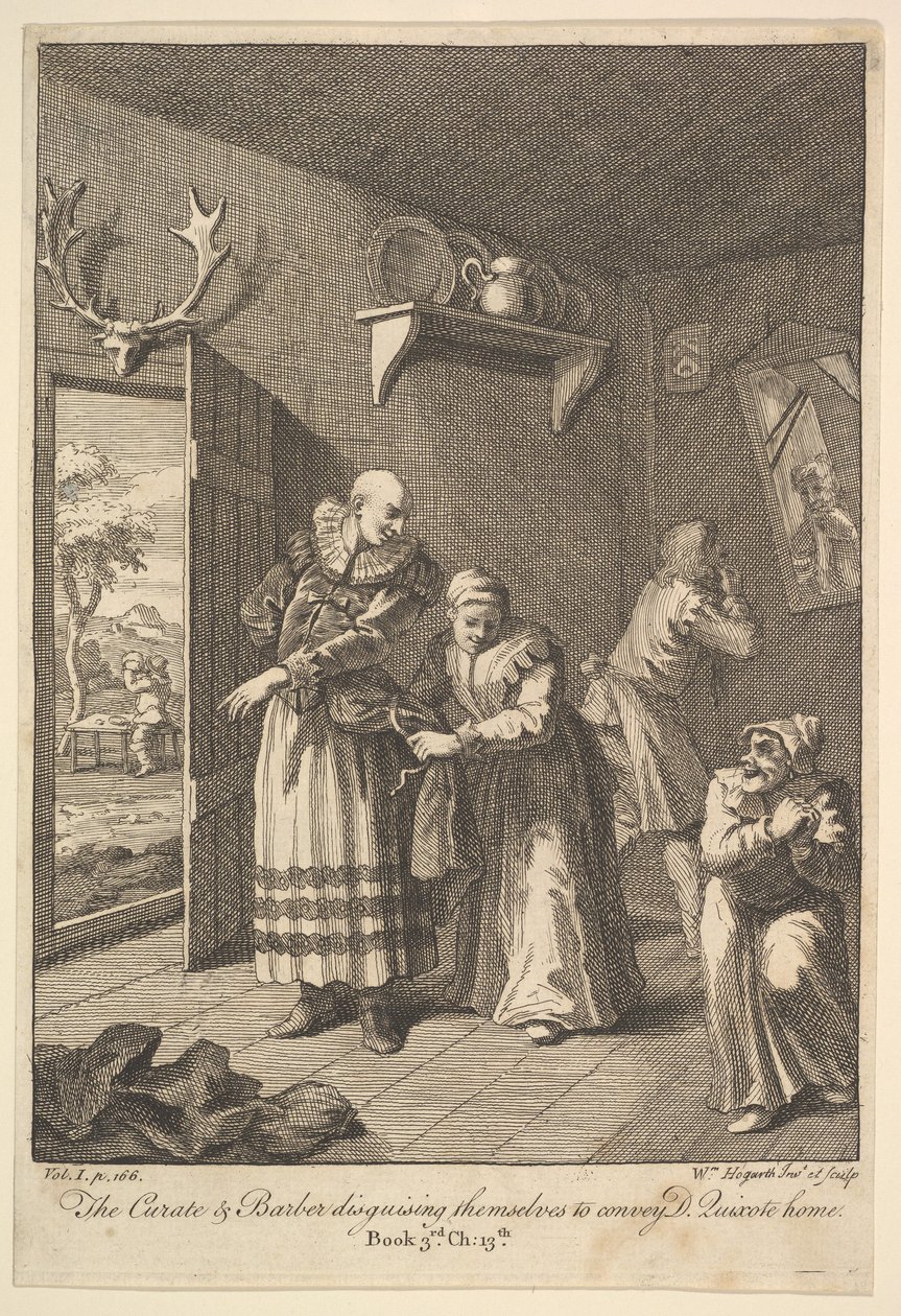 O Curate e o Barbeiro Disfarçando-se para transmitir Dom Quixote Home Six I ..., 1756 ou depois. de William Hogarth