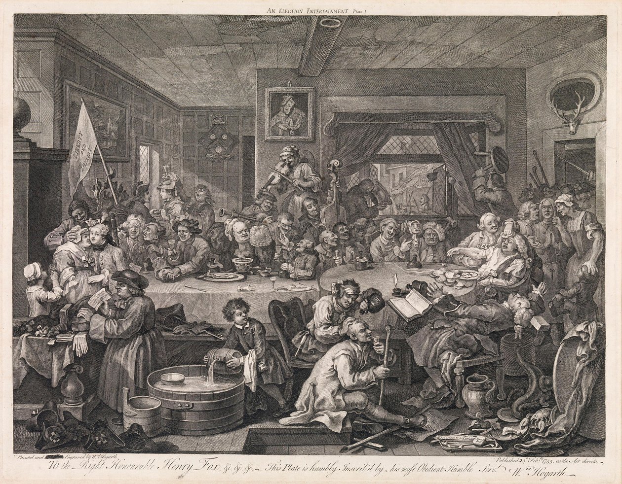 A eleição, prancha 1: «Um banquete eleitoral» de William Hogarth