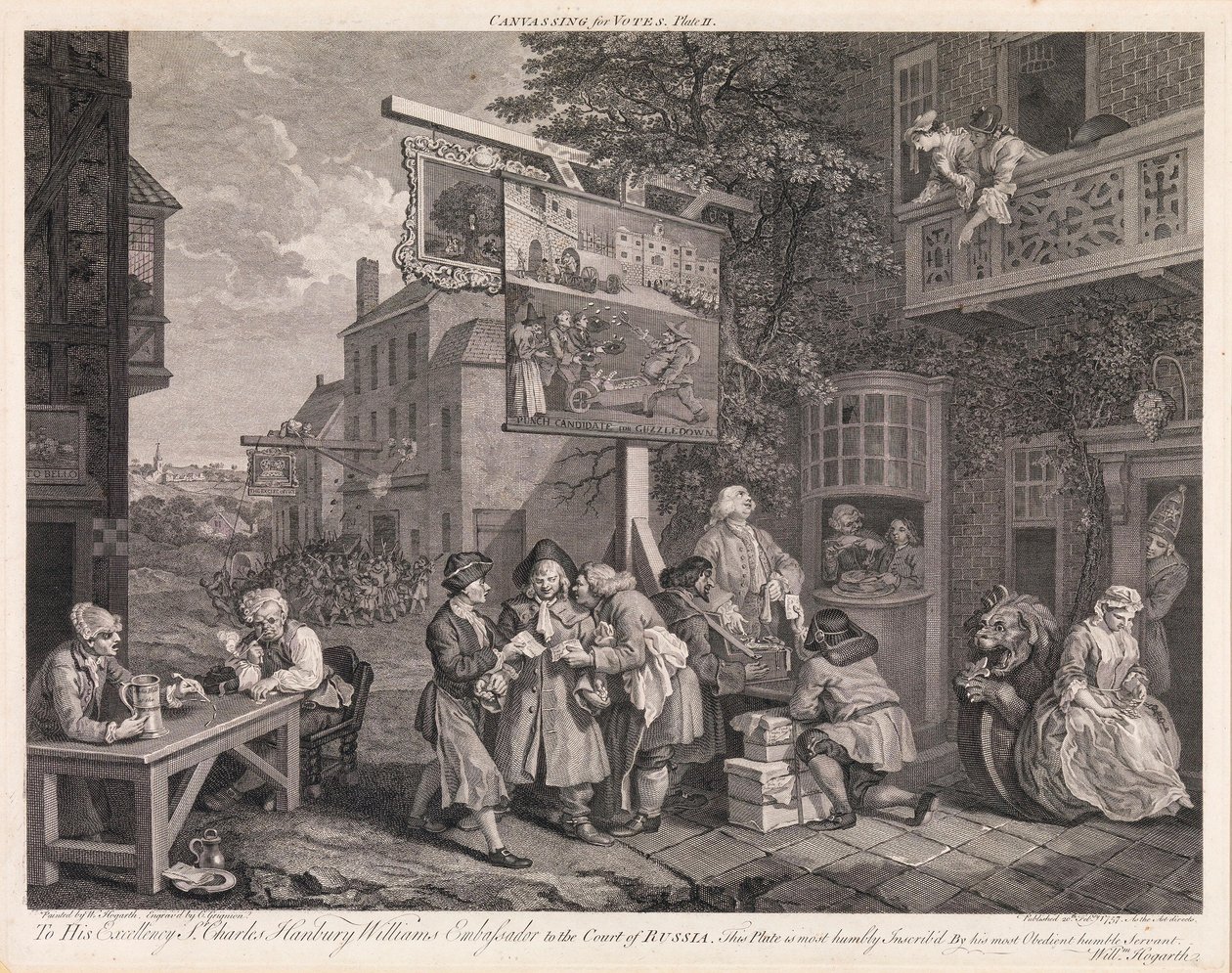 A eleição, prancha 2: «Angariação de votos» de William Hogarth