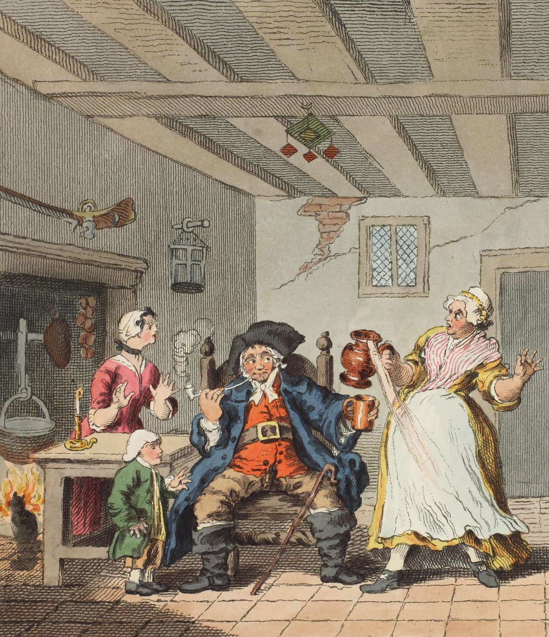 O retorno do fazendeiro, ilustração de "Hogarth restaurado: As obras inteiras do célebre William Hogarth, re-gravado por Thomas Cook", pub. 1812 (gravura colorida à mão) de William Hogarth