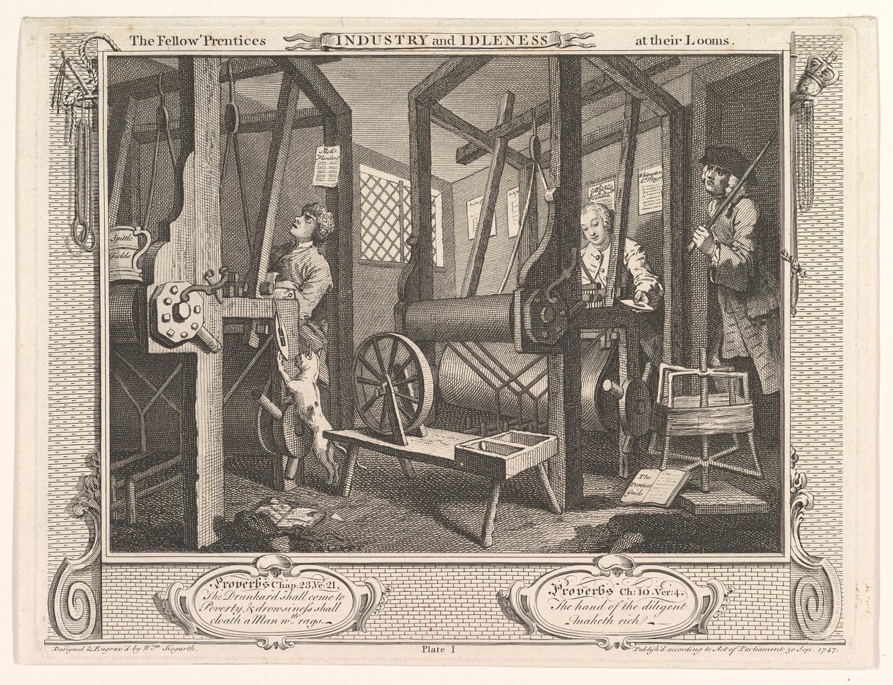 Os Companheiros Prentices em seus teares Indústria e ociosidade, placa 1, 30 de setembro de 1747. de William Hogarth