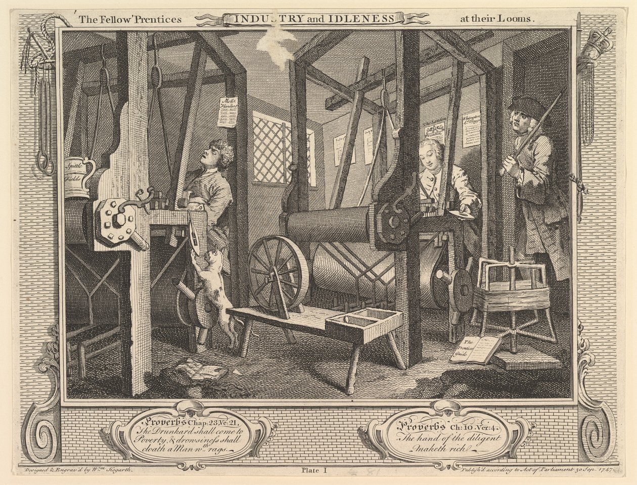 Os companheiros aprendizes em seus teares: indústria e ociosidade, chapa 1, 30 de setembro de 1747. de William Hogarth