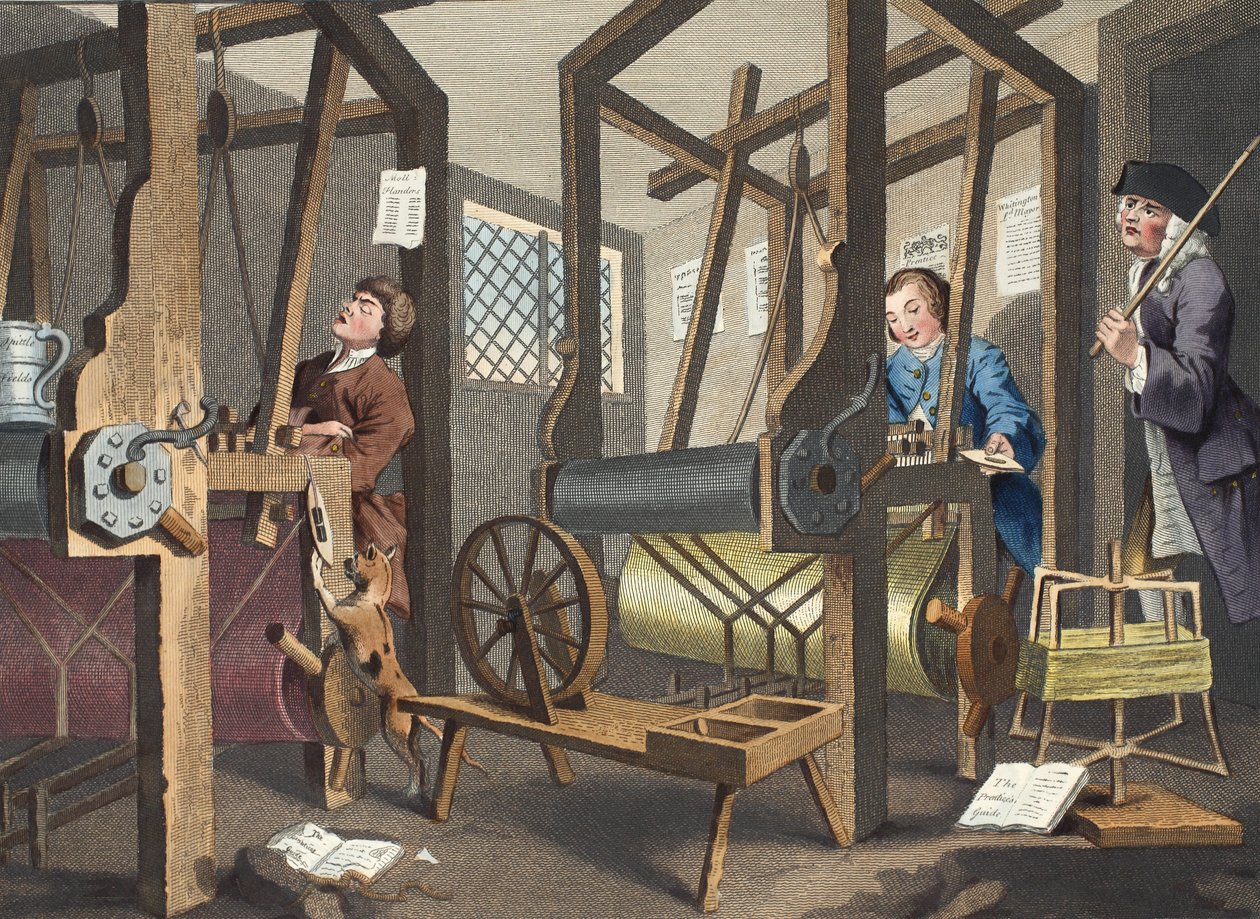 O Fellow &39;Prentices at the Looms, prato I de&39; Industry and Idleness &39;, ilustração de&39; Hogarth Restaurado: As Obras Completas do célebre William Hogarth, re-gravado por Thomas Cook &39;, pub. 1812 de William Hogarth