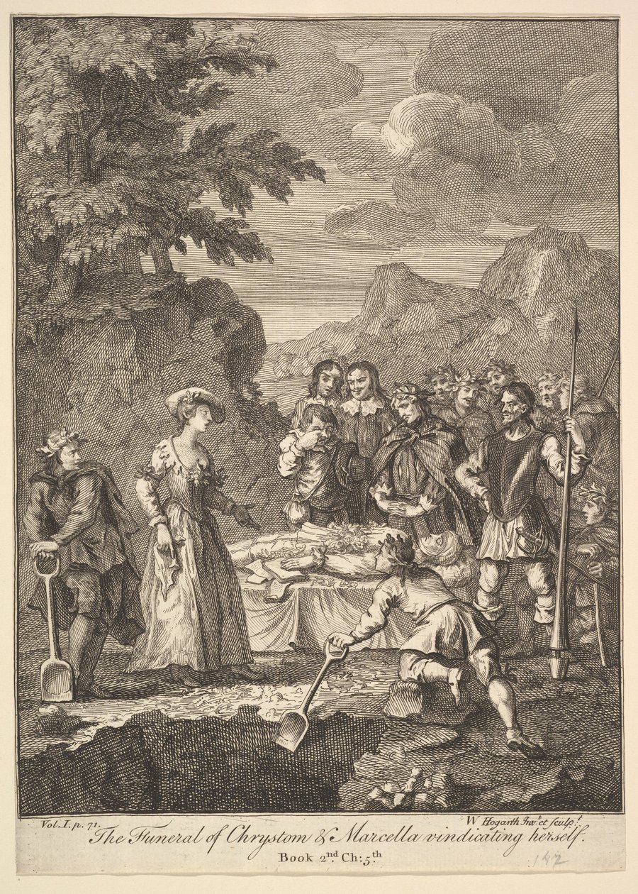 O Funeral de Chrystom e Marcella se justificando Seis Ilustrações para Don ..., 1756 ou depois. de William Hogarth
