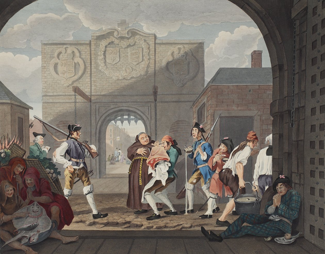O Portão de Calais, ou Ó A Carne Assada da Velha Inglaterra, ilustração de &39;Hogarth Restaurado: Obras inteiras do célebre William Hogarth, re-gravado por Thomas Cook&39;, pub. 1812 (en colorido à mão de William Hogarth