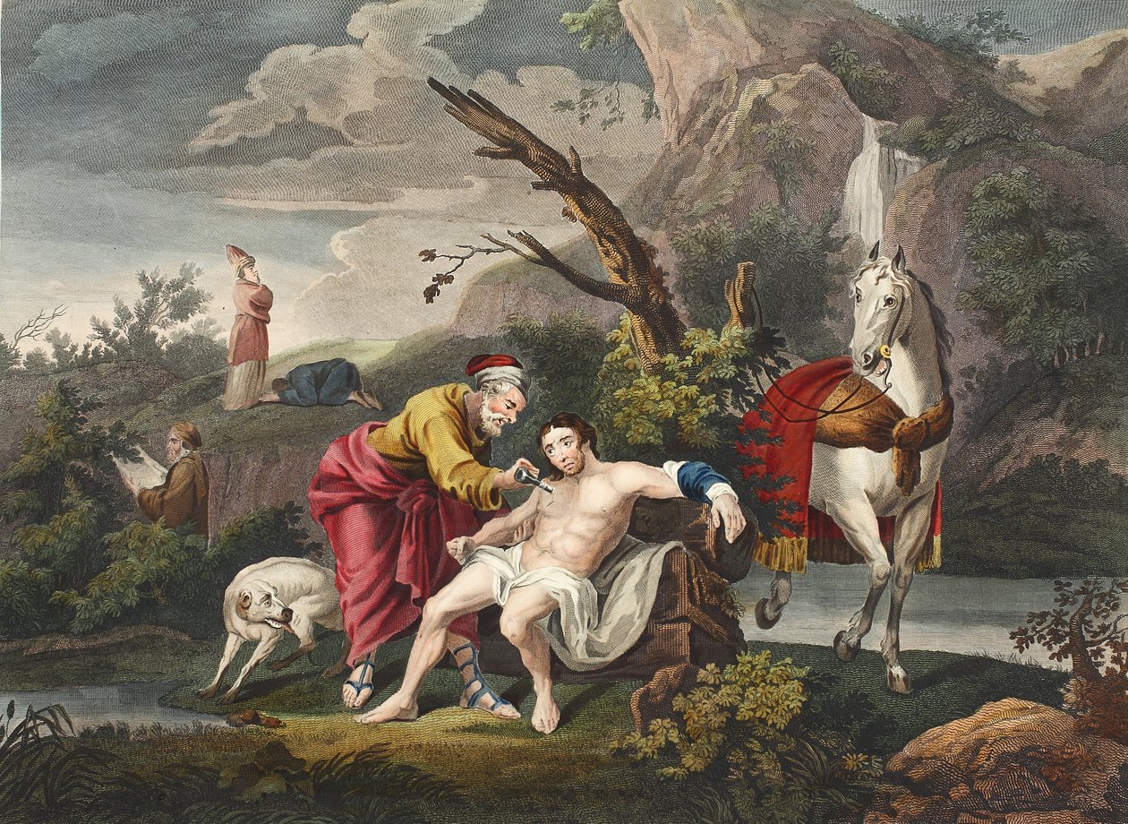 O bom samaritano, ilustração de &39;Hogarth restaurado: as obras inteiras do célebre William Hogarth, re-gravado por Thomas Cook&39;, pub. 1812 (gravura colorida à mão) de William Hogarth