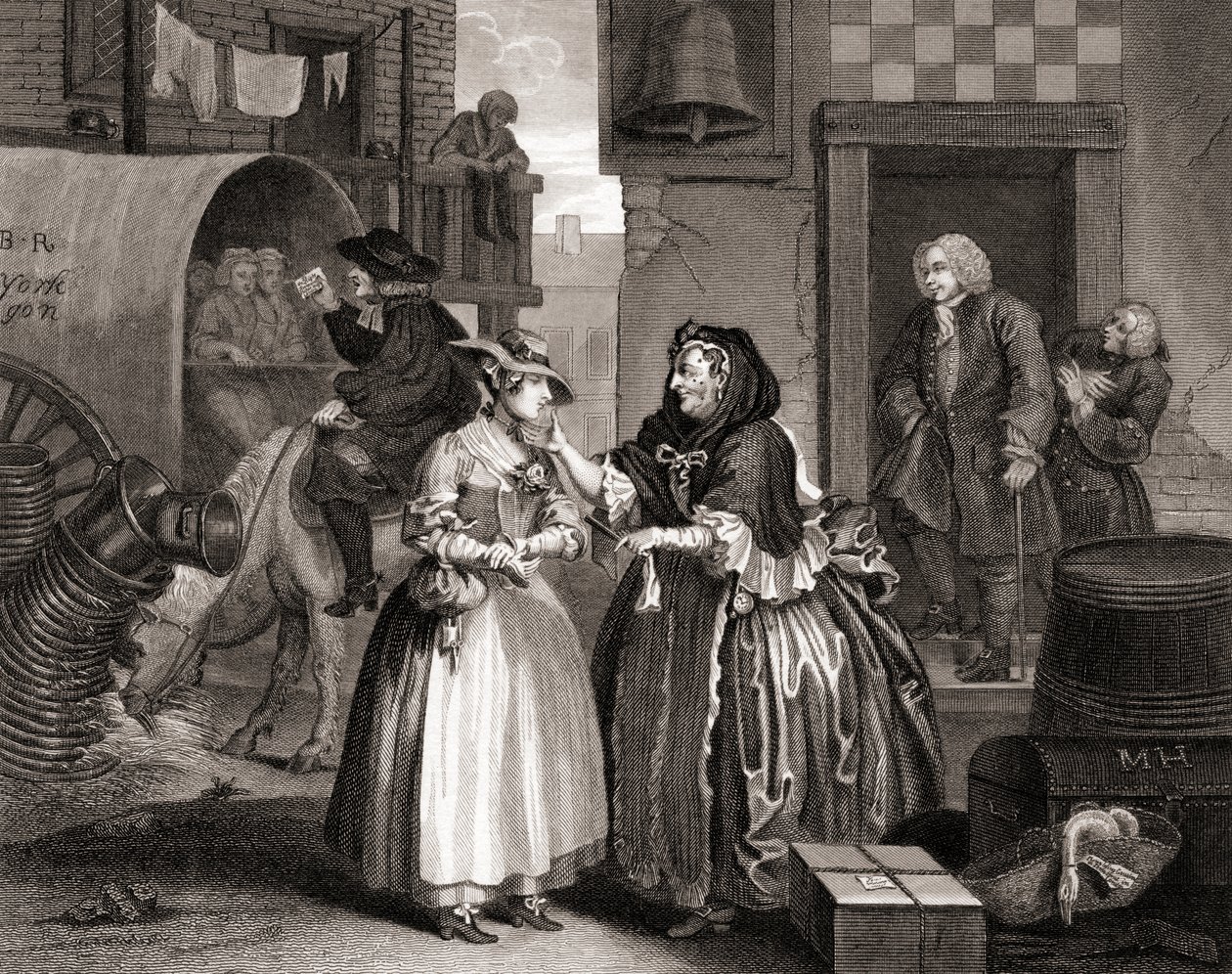 O Progresso das Prostitutas enlaçado por uma procuressa, de The Works of Hogarth, publicada em Londres, 1833 (gravura de bw) de William Hogarth