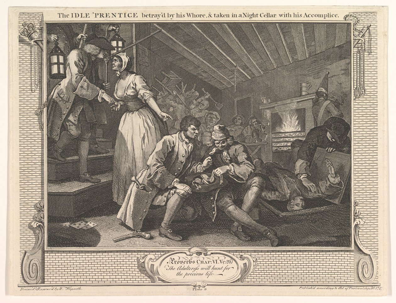 O prentice ocioso traído por sua prostituta e levado para um porão noturno com oi ..., 30 de setembro de 1747. de William Hogarth