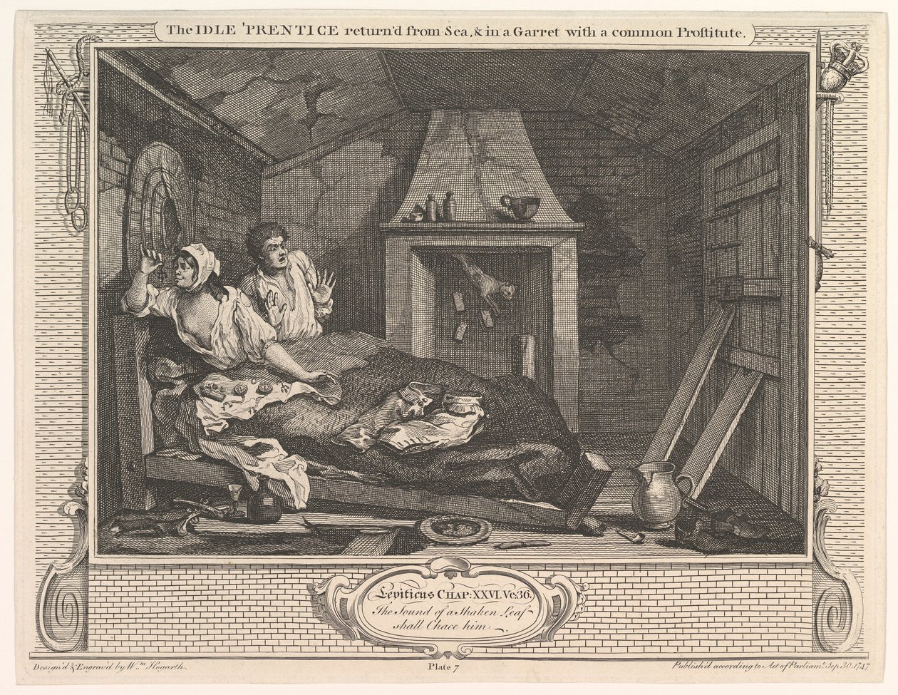 O prentice ocioso retornou do mar e em um sótão com uma prostituta comum ..., 30 de dezembro de 1747. de William Hogarth