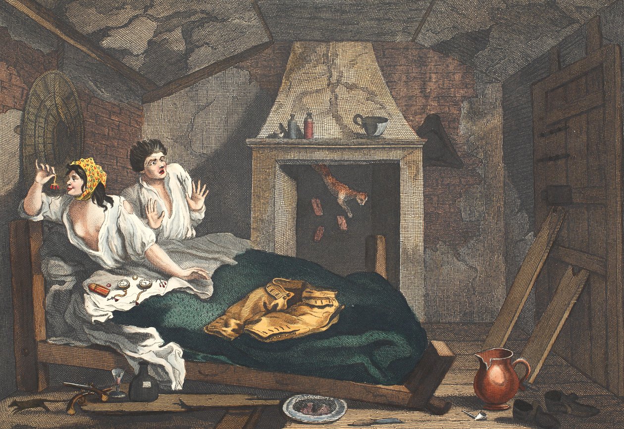 O Idle &39;Prentice Retornou do Mar, e em um Garret com uma Prostituta comum&39;, placa VII de &39;Indústria e Ociosidade, ilustração de&39; Hogarth Restaurado: As Obras Completas do célebre William Hog de William Hogarth