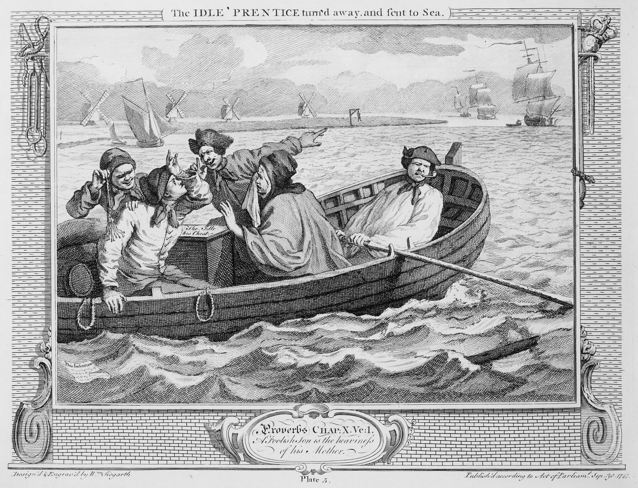 O Príncipe Inativo Virou-se e Dirigiu-se ao Mar, placa V de "Indústria e Ociosidade", 1747 de William Hogarth