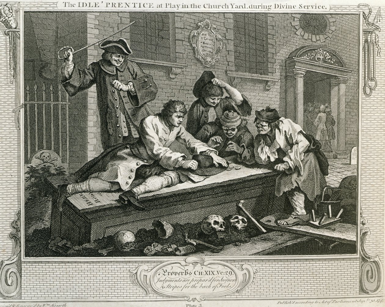 O &39;Prentice Idle at Play in the Church Quintal Durante o Serviço Divino, prato III de&39; Indústria e Ociosidade &39;, publicado em 1833 de William Hogarth