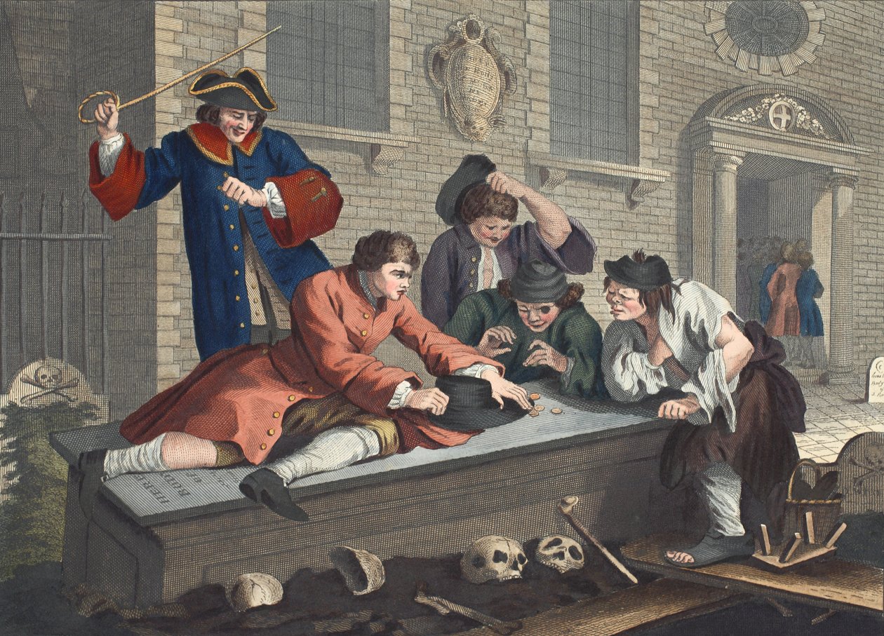O Idle &39;Prentice em Brincadeira no Pátio da Igreja Durante o Serviço Divino, placa III de&39; Indústria e Ociosidade, ilustração de &39;Hogarth Restaurado: As Obras Completas do celebrado William Hogarth, re-eng de William Hogarth
