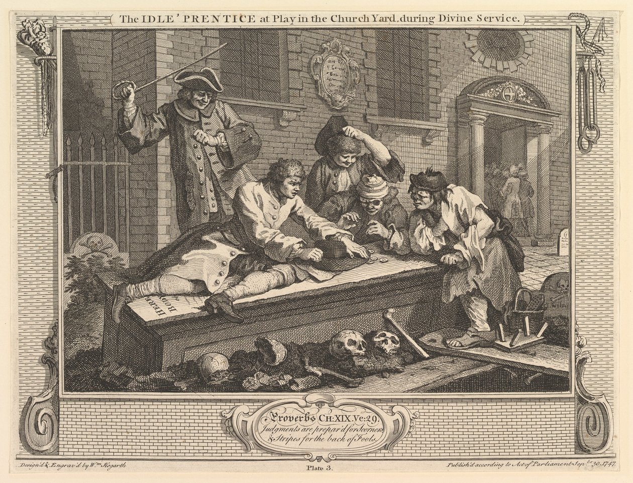 O Prentice Idle em Brincadeira no Cemitério: Indústria e Ociosidade, chapa 3, 30 de setembro de 1747. de William Hogarth
