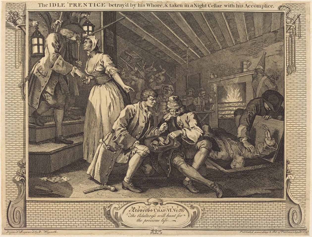 O Prentice ocioso traído por sua prostituta e levado em um porão noturno com seu cúmplice de William Hogarth