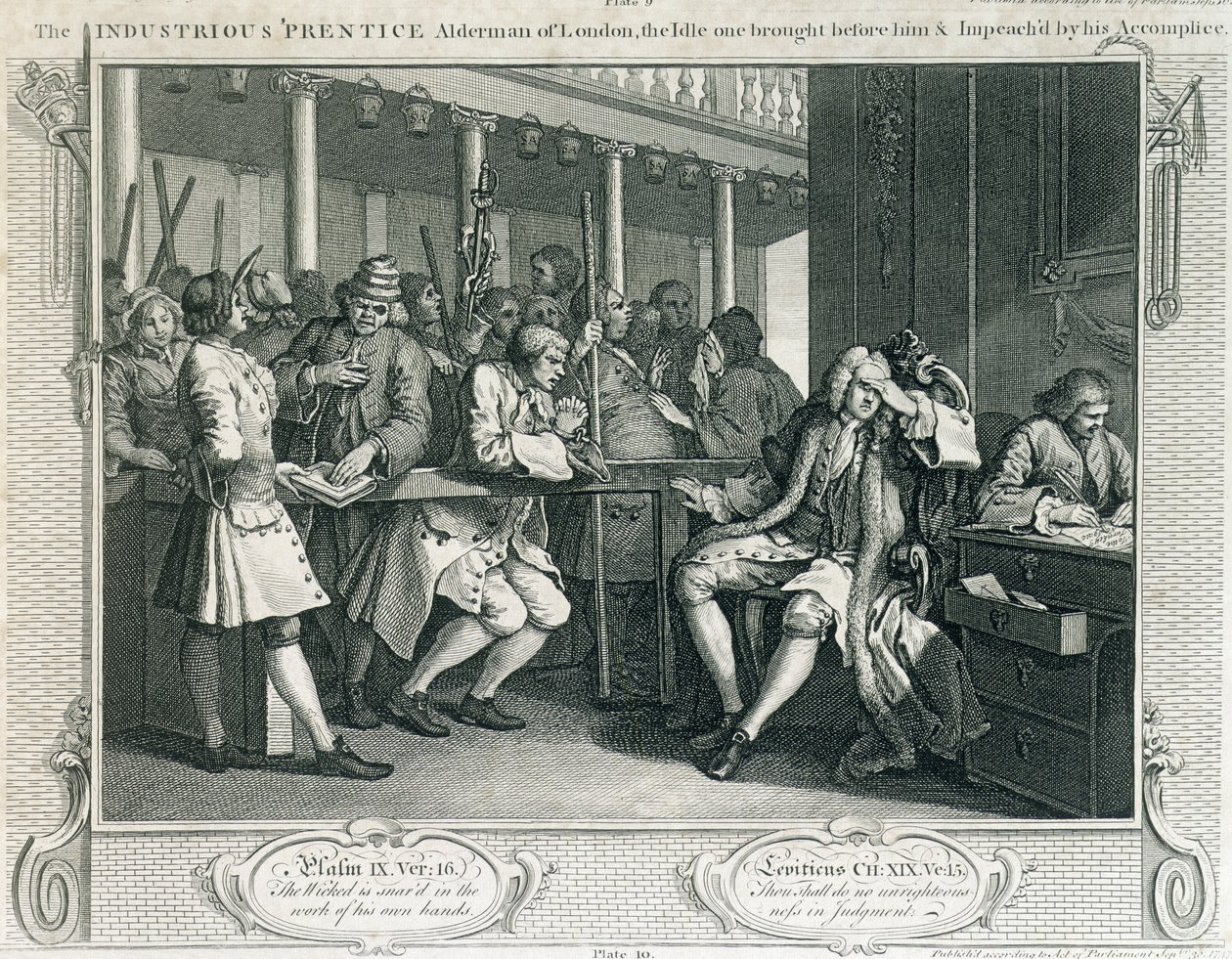 O venerável Prentice Alderman de Londres, o Idiota Impeach&39;d Before Him por seu Accomplice, placa X de "Industry and Idleness", publicado em 1833 de William Hogarth