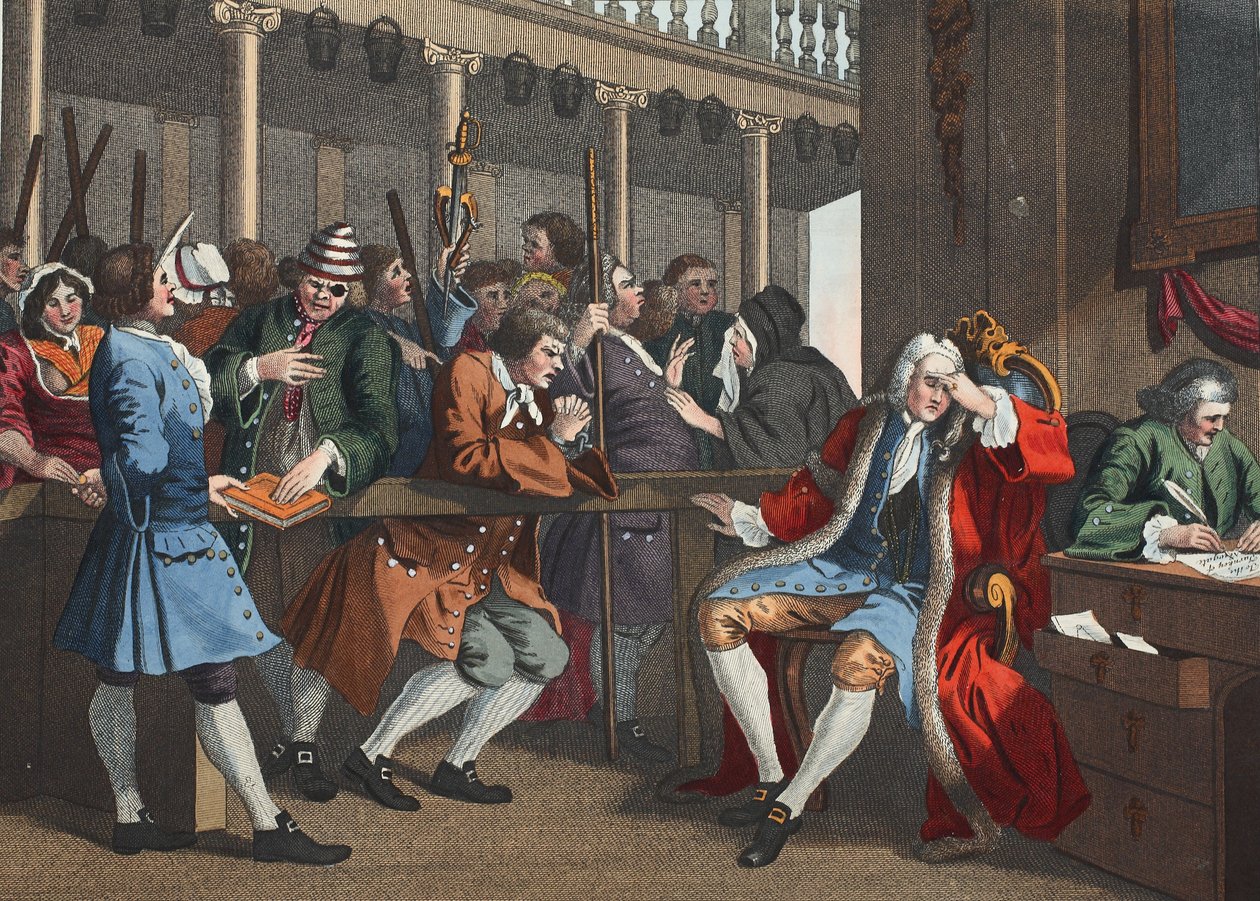 O venerável Prentice Alderman de Londres, o Idiota Impeach&39;d Before Him por seu Cúmplice, placa X de &39;Indústria e Ociosidade, ilustração de&39; Hogarth Restaurado: As Obras Completas do celebr de William Hogarth