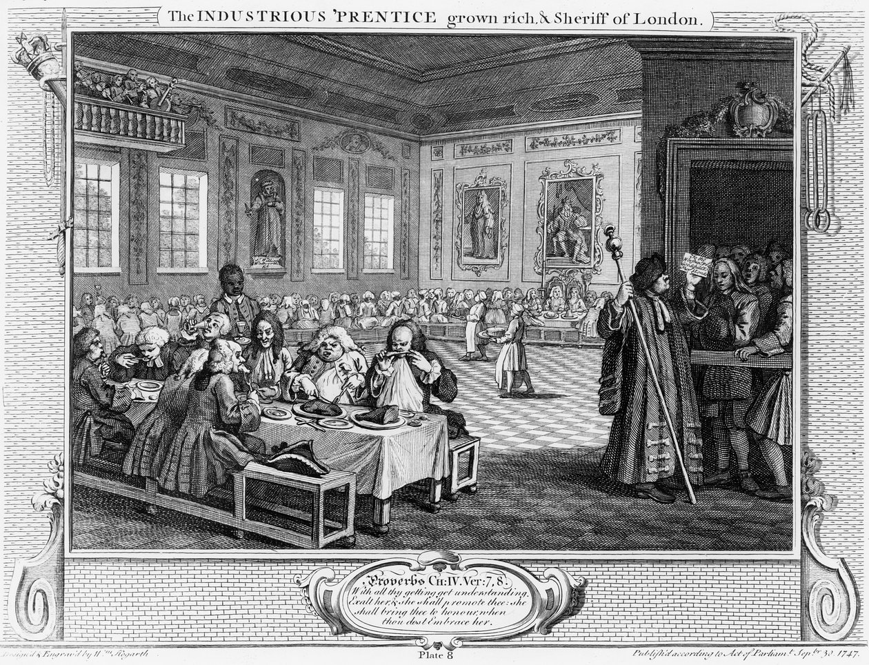 O industrioso &39;Prentice Grown Rich e Sheriff of London, prato VIII de&39; Indústria e ociosidade &39;, 1747 de William Hogarth