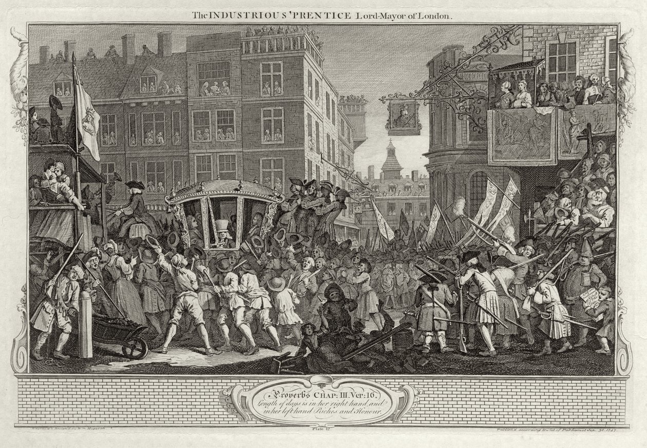 O industrioso &39;Prentice Lord Mayor de Londres, placa XII de&39; Industry and Idleness &39;, publicado em 1833 de William Hogarth