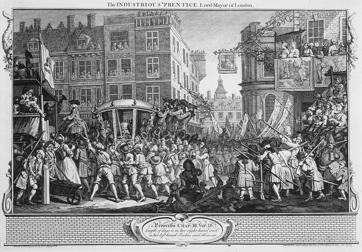 O "Prentice Lord Mayor" Industrial de Londres, placa XII de "Industry and Idleness". de William Hogarth