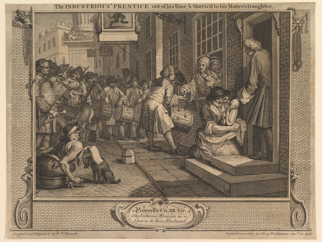 O aprendiz diligente terminou a aprendizagem e casou com a filha do mestre: Indústria e ociosidade, prancha 6 de William Hogarth