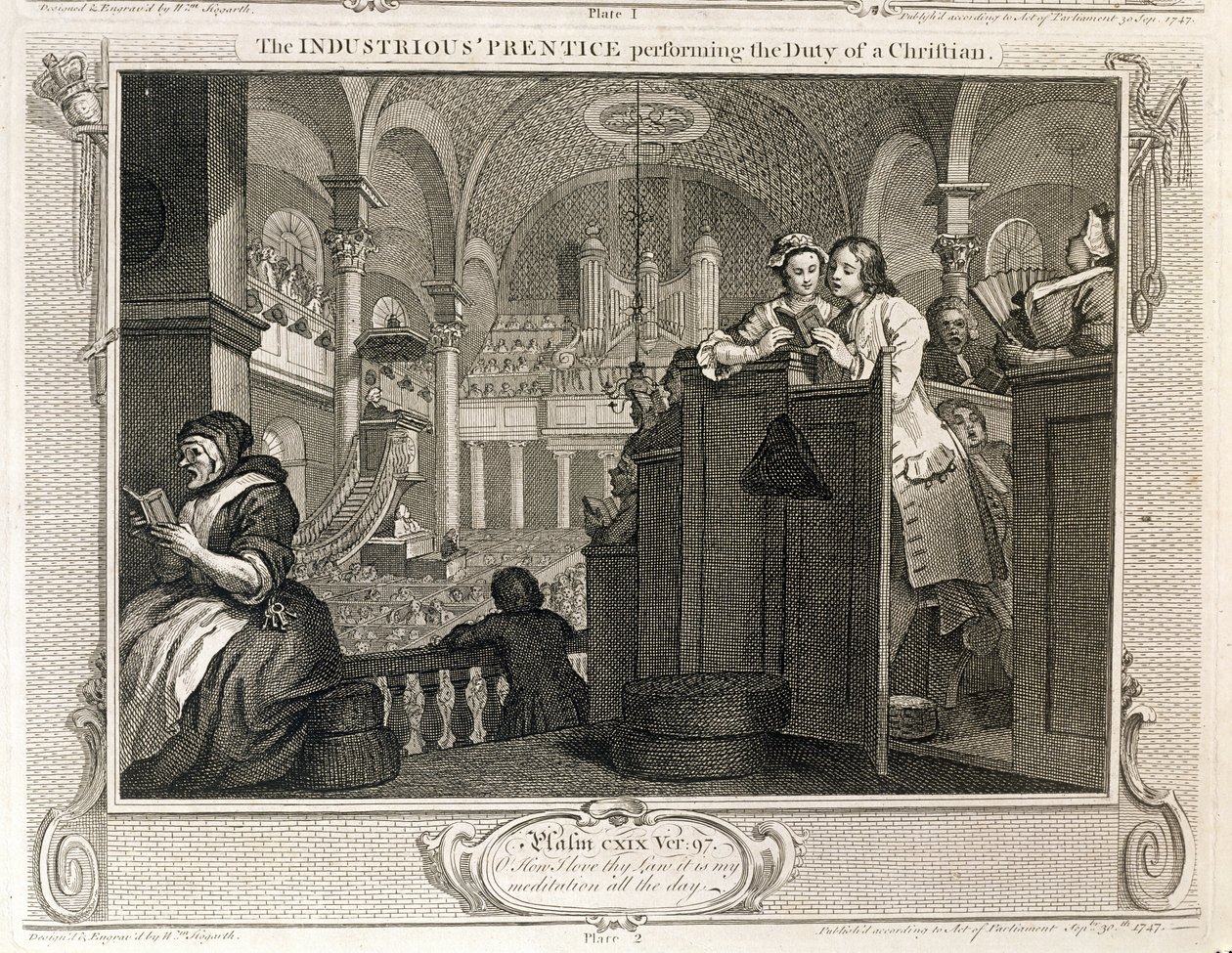 O &39;Prentice Performing the Duty of a Christian&39;, de Industrious, prato II de &39;Industry and Idleness&39;, publicado em 1833 de William Hogarth